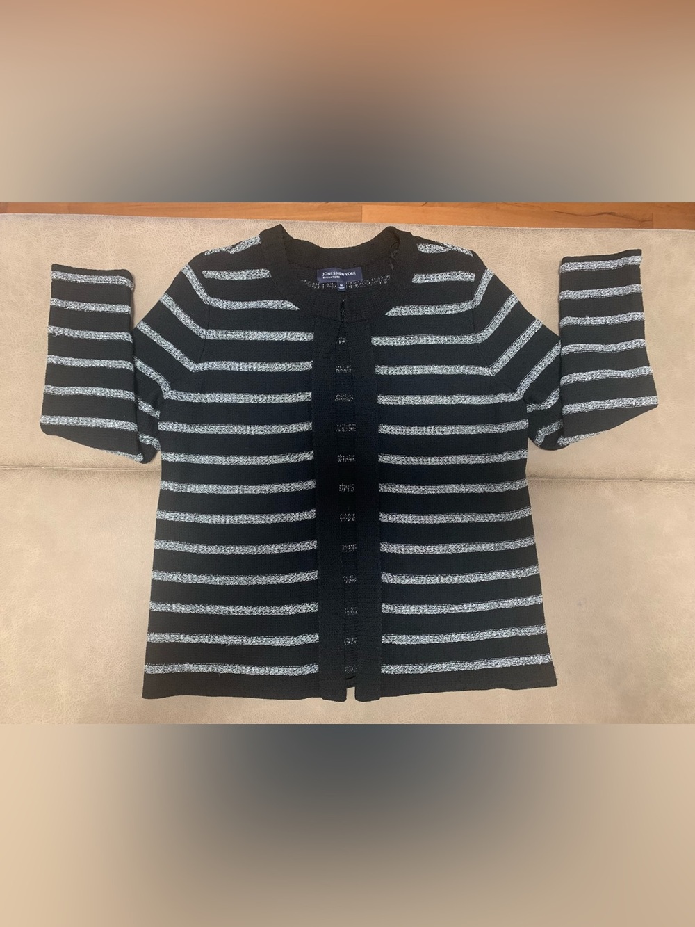 Jones New York Signature Womens Black Silver Striped Knit Cardigan Size Medium